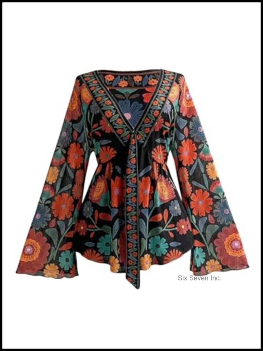 Plus Size Floral Bell Sleeve Babydoll Peasant Blouse V-Neck Ruffle Hem